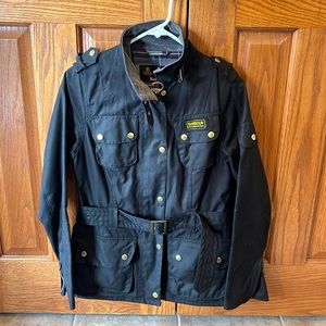 Barbour International wax jacket with belt.